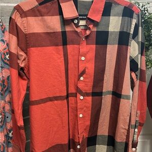 Men's Orange, Red and Black Plaid Casual Shirt